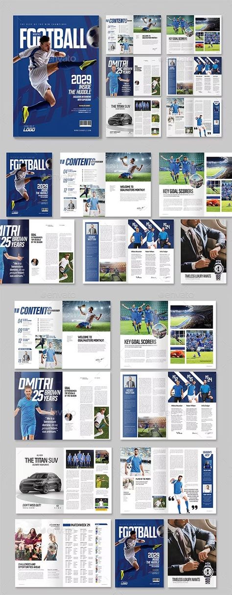 Football Magazine Template, Print Templates | GraphicRiver Sports Magazine Layout Design, Sports Magazine Layout, Tabloid Magazine, Magazine Reference, Newsletter Design Layout, Mood Board Layout, Magazine Sport, School Magazine, Board Layout