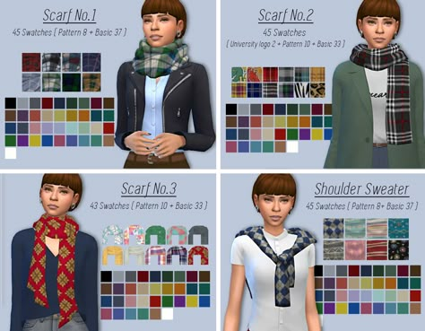 Scarf No.1 - 45 Swatches ( Pattern 8 + Basic 37 )  /  BGC  /  Female, Male  /  Necklace Category Scarf No.2 - 45 Swatches ( University logo 2 + Pattern 10 + Basic 33 )  / BGC  /  Female, Male  / ... Sims 4 Scarf, Male Necklace, Sims Videos, Los Sims 4 Mods, Scarf Collection, Hairstyle Tutorials, Sims 4 Mm, The Sims 4 Download, Sims Four