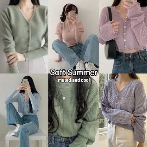 Summer Colour Season Outfits, Muted Cool Colors, Fall Outfits For Soft Summer, Muted Summer Palette, Soft Summer Color Palette Aesthetic, Soft Colors Outfit, Soft Summer Colour Palette Outfits, Dusty Colour Palette, Soft Summer Color Palette Outfits Style