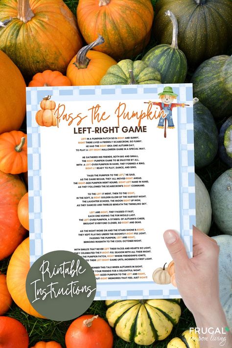 Printable Pass the Pumpkin Game - Halloween Party Rhyming Story About a Scarecrow (using the words left and right to pass a gift.)Elevate your Halloween or fall party to a new level of fun with our Printable Pass the Pumpkin Game! Perfect for all ages, this exciting game adds a twist to the classic "pass the parcel" concept, with a delightful rhyming story featuring a friendly scarecrow and lots of left and right turns.Features: Interactive Fun: Create unforgettable memories as you and your gues Kids Class Halloween Party, Back To School Left Right Game, Elementary School Fall Party Games, Pumpkin Memory Game, Christian Fall Party Ideas, Pumpkin Patch Games Fall Festivals, Fall Group Games For Adults, Yw Fall Activity Ideas, Left Right Game For Church