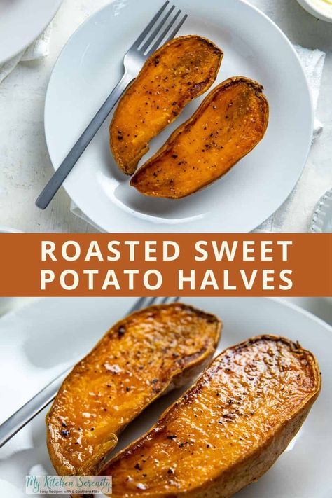 These baked sweet potato halves are perfectly crispy caramelized with a creamy interior. Oven roasted for only 30 minutes! Easy prep and simple ingredients means you'll want to make them all year round, not just for Thanksgiving or Christmas. Baked Sweet Potato Halves Oven, Sweet Potato Halves Baked, Halved Sweet Potatoes In Oven, Simple Baked Sweet Potato, Cook Sweet Potato In Oven, Cooking Sweet Potatoes In Oven, Sweet Potato Oven Baked, Sweet Potato Slices Baked, Roast Sweet Potatoes Oven