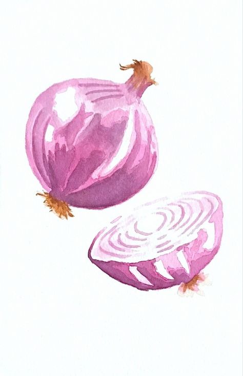 Red Onion Watercolor, Water Colour Vegetables Painting, Red Onion Drawing, Cute Onion Drawing, Watercolor Art Fruits And Vegetables, Red Onion Painting, Watercolor Food Easy, Watercolor Vegetables Tutorial, Vegetable Watercolor Paintings