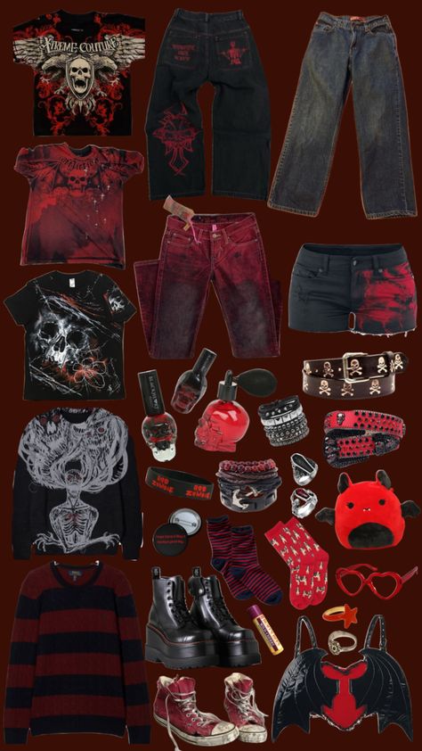 Red Grunge Outfit Men, Red Masc Outfits, Red Grunge Outfit, Emo Outfits For Guys, Emo Fashion Men, Clothes Shuffles, Red Goth Outfits, Alt Fits, Red Grunge