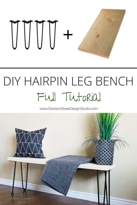 DIY Hairpin Leg Bench End Of Bed Ideas, Hairpin Leg Bench, Hairpin Bench, Hairpin Legs Diy, Home Decor Hallway, Diy Hairpin, Modern Farmhouse Diy, Decor Hallway, Diy Bench