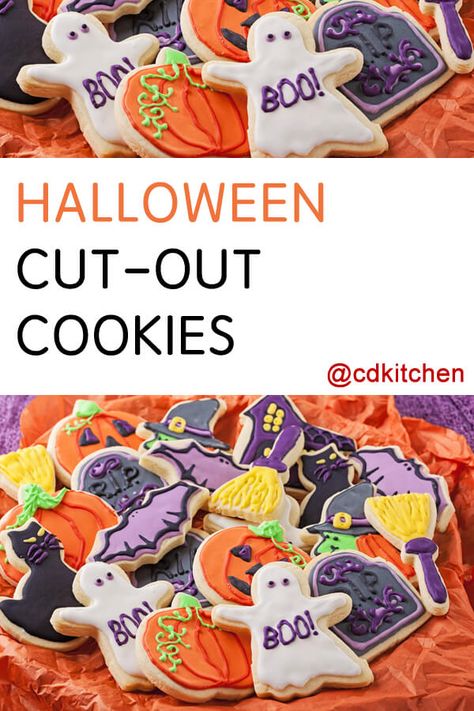 Halloween Cut-Out Cookies | CDKitchen.com Scary Cookies, Candy Corn Recipe, Best Spinach Artichoke Dip, Halloween Cut Outs, Cut Out Cookie Recipe, Kinds Of Desserts, Sweet Treats Recipes, Star Food, Yellow Cake