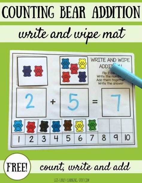 This free write and wipe addition activity is used with counting bears to practice addition within 10. It's easy to differentiate for extra support, too. Addition Mats, Free Math Centers, Math Manipulative, Counting Bears, Kindergarten Math Centers, Teaching Addition, Addition Activities, Addition Games, Math Centers Kindergarten