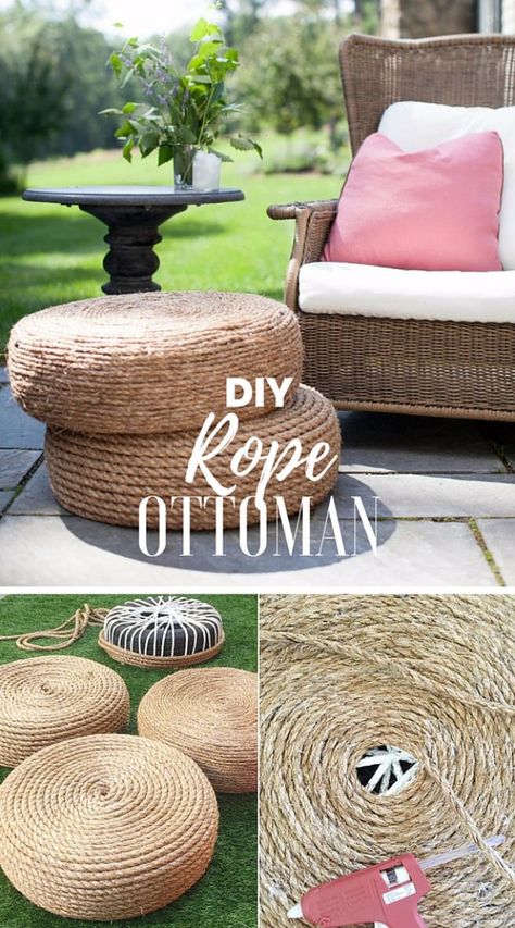 DIY Ideas With Old Tires - DIY Rope Ottomans - Rustic Farmhouse Decor Tutorials and Projects Made With An Old Tire - Easy Vintage Shelving, Wall Art, Swing, Ottoman, Seating, Furniture, Gardeing Ideas and Home Decor for Kitchen, Living Room, Bathroom and Backyard - Creative Country Crafts, Rustic Wall Art and Accessories to Make and Sell http://diyjoy.com/diy-projects-old-tires Rope Ottoman, Rustic Ottoman, Tire Craft, Vintage Shelving, Diy Ottoman, Dekor Diy, Old Tires, Diy Simple, Rustic Wall Art