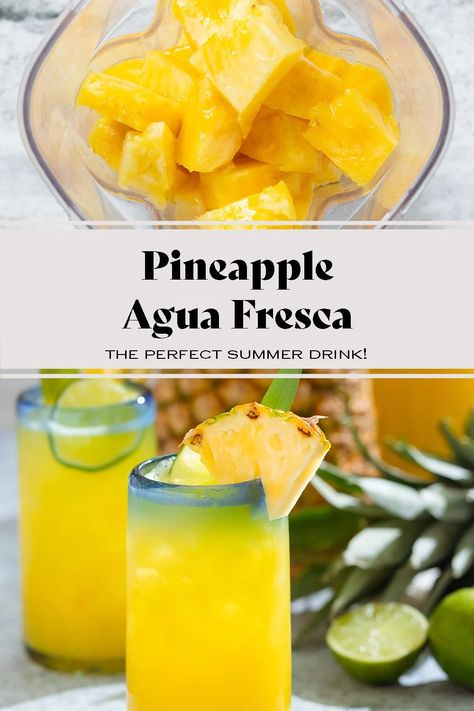 Looking for a healthier alternative to sugary drinks? Try this Pineapple Agua Fresca recipe made with fresh fruit and natural sweeteners. Agua Fresca is a classic Mexican drink made with blended fruit, water, and a bit of sweeter. This one is made with pineapple and it's the perfect drink for hot summer days! Pineapple Agua Fresca, Aqua Fresca Recipes, Fresca Drinks, Fruit Detox, Agua Fresca Recipe, Alcohol Beverages, Pineapple Water, Mexican Drinks, Perfect Summer Drink