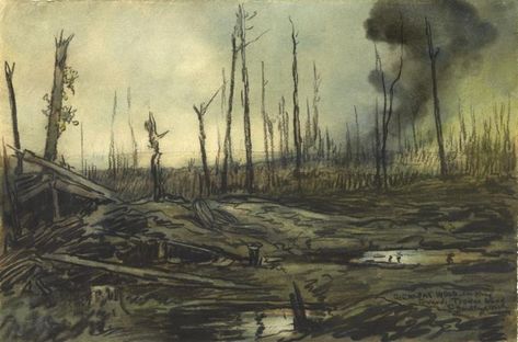 a view across a desolate and battle-scarred Somme landscape. There are flooded shell holes in the foreground, and clouds of smoke rising from the land in the distance. There are the shattered tree trunks of Bernafay Wood jutting out from the ground, an indication of what used to be a woodland area. Ww1 Battles, Ww1 Art, Apocalypse Aesthetic, Oc Board, Military Drawings, Fantasy Background, Tree Trunks, Painting Inspo, Fantasy Aesthetic