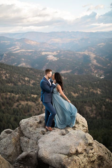 Boulder engagement session at Lost Gulch Overlook | Tiffany and Ian | Hazel and Lace Photography Boulder Engagement Photos, Mountain Engagement Shoot, Mountain Photoshoot, Lace Photography, Engagement Picture Outfits, Mountain Engagement Photos, Mountain Engagement Session, Backless Maxi Dress, Engagement Inspo