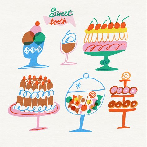 Food Illustration Design, Ice Cream Illustration, Dessert Illustration, Cake Illustration, Birthday Illustration, 강아지 그림, Riso Print, Favorite Dessert, Illustration Food