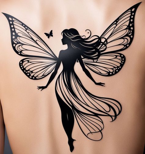 "Magical Fairy Silhouette" Black ink fairy with flowing wings and a butterfly, surrounded by subtle stars. #MagicalFairy #MinimalistTattoo #BlackInkDesign #TattooInspiration #tattooinspirationworld #tattooartist #tattoodesign #tattooart #tattooideas #ink #inktattoo #handmade #custom #artoftheday #artofthebody #creative #instaart #instagood #picoftheday #instadailypost #stunning #beautiful #femininetattoo #inspiration #inspirational #motivational #mindfulness #spiritualityandpositivity Fairy Butterfly Tattoo, Fairy Tattoo Designs Unique, Angels Wings, Fairy Silhouette, Fairy Tattoo Designs, Butterfly Tattoos For Women, Angel Tattoo Designs, Butterfly Tattoos, Fairy Tattoo