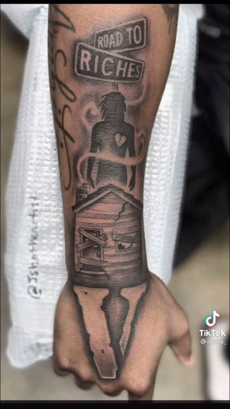 Road 2 Riches Tattoo Design, Road To Riches Tattoo Stencil, Trap House Tattoo Design, Road To Riches Tattoo For Men, Left Hand Tattoo Men, Arm Tattoo Black Men, Brick Tattoo For Men, Trap House Tattoo, Real Is Rare Tattoo