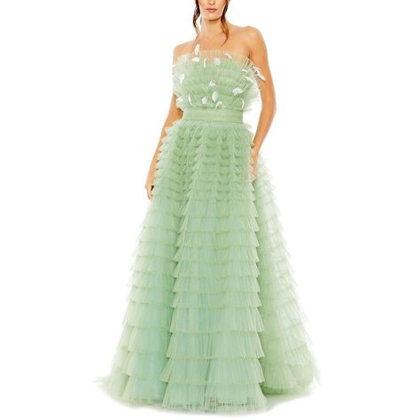 Color/Pattern: Sage Approximately 61in From Shoulder To Hem Design Details: Strapless, Ruffle Hem Center Back Zipper 100% Polyester Spot Clean Only Imported Feather Dress Long, Long Ball Gown, Prom Event, Straight Across Neckline, Ruffle Gown, Tulle Material, Strapless Prom Dress, Prom Designs, Designer Prom Dresses