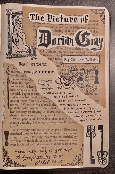 Journal Book Log, Dark Academia Journal, Old English Lettering, Autumn Reading, Presentation Ideas For School, Classic Journal, Bookish Aesthetic, Book Review Journal, The Picture Of Dorian Gray