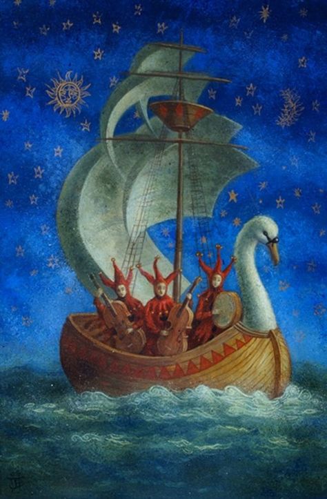 Jake Baddeley, Ship Of Fools, William Blake, Visionary Art, Moon And Stars, Swans, Whimsical Art, The Ocean, Surrealism