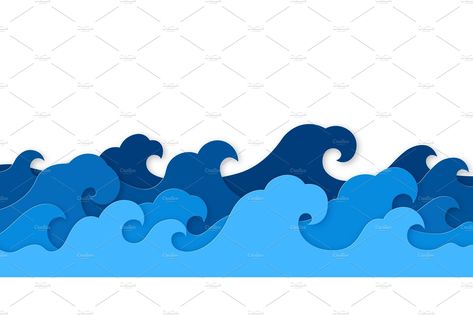 Paper sea waves. Blue water wave by YummyBuum on @creativemarket 3d Waves Paper, Wave Paper Art, Diy Wave Backdrop, Sea Paper Craft, Cardboard Waves, Wave Cardboard, Sea Waves Drawing, Waves Decoration, Waves Template