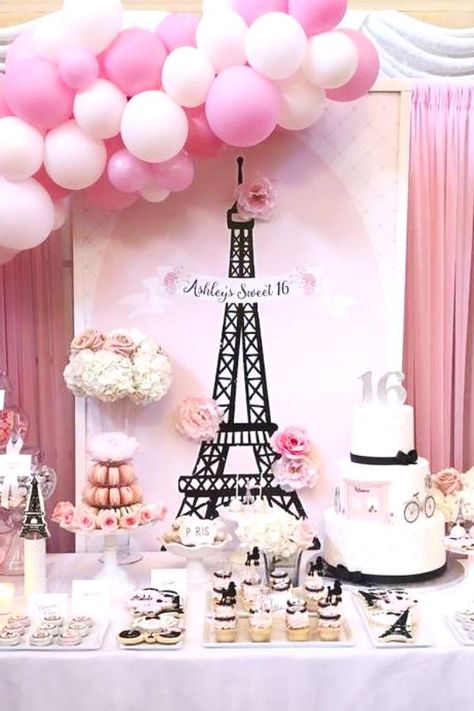 Take a look at this chic Parisian Sweet 16! The dessert table will blow you away! See more party ideas and share yours at CatchMyParty.com  #catchmyparty #partyideas #paris #sweet16 #parisianparty #parisparty Paris Party Decorations, Parisian Birthday Party, Parisian Party Theme, French Themed Parties, Paris Sweet 16, Vintage Party Ideas, Sweet 16 Party Themes, Paris Themed Birthday Party, Paris Cakes