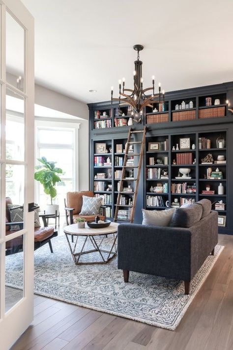 Front Room Study, Family Room With Bookcases, Library Inspired Living Room, Apartment Bookshelves Living Room, Study Light Fixture, Transitional Library Room, Formal Library Living Room, Home Library Entryway, Library Room Farmhouse