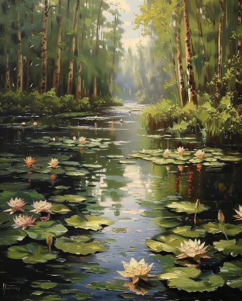 Monet Lilies Painting, Lake With Water Lilies, Pond Painting, Soft Pastel Art, Lily Painting, Photo To Art, Oil Pastel Art, Floral Oil Paintings, Mountain Paintings