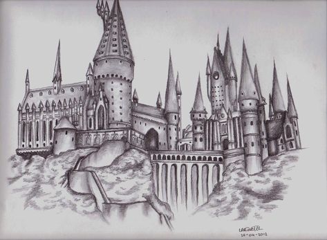 Hogwarts Castle by LeahRosslyn on DeviantArt Hogwarts Castle Coloring Page, Hogwarts Castle Drawing, Hogwarts Drawing, Hogwarts Castle Tattoo, Harry Potter Drawings Easy, Fanart Harry Potter, Hogwarts Tattoo, Harry Potter Sketch, Harry Potter Castle