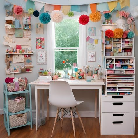 Calling all crafters! This craft room is bursting with inspiration, with plenty of storage space to keep all your supplies organized. The natural light from the window is perfect for working on your latest project. What's your favorite craft to do? Share your creations in the comments! #craftroom #inspiration #organized Desk Area, Desk Areas, Scrapbook Room, Art Storage, Sewing Rooms, Supplies Organization, Craft Studio, Organization Ideas, Sewing Room