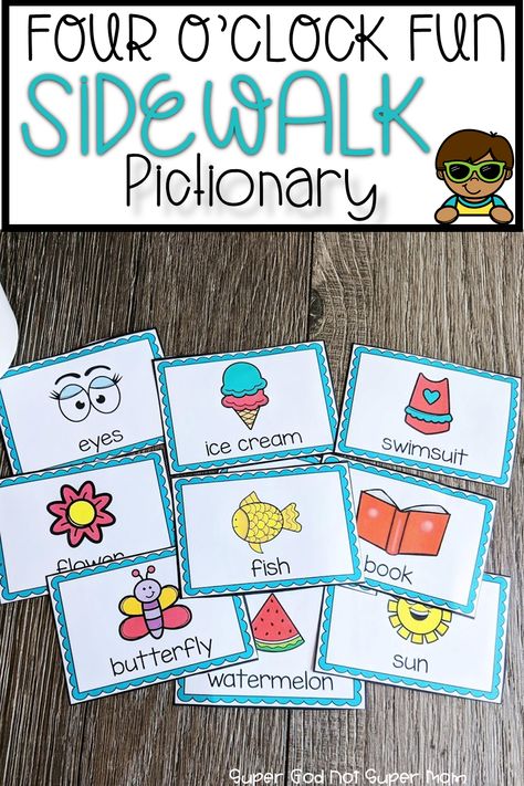 Create some fun memories this summer with this sidewalk chalk pictionary game.  This pictionary game was created with young kids in mind.  Each card should be easy to draw to avoid frustration.  Grab some chalk and head outside for fun! #pictionary #fouroclockfun #summerbreak Sidewalk Chalk Alphabet Games, Pictionary For Kids, Pictionary Words, Drawing Games For Kids, Chalk Activities, Summer Kindergarten, Pre Writing Activities, Kindergarten Readiness, Drawing Games