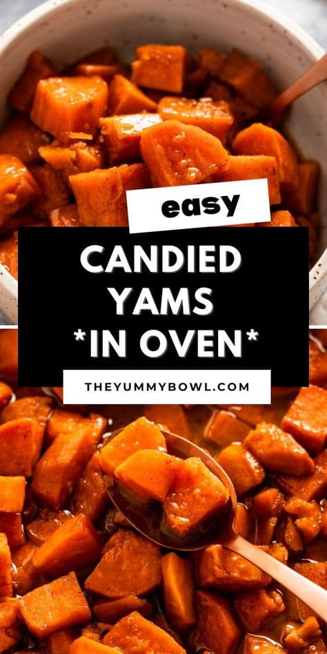 These baked candied yams are a beloved dish for Thanksgiving table and many holiday dinners. Sweet potato cubes are coated in a sticky, flavorful buttery syrup, brown sugar, warming spices and baked in the oven to fork tender. Baked Yams Oven Healthy, Canned Yams Recipe Easy Baked, Candid Yams In Oven, Oven Baked Sweet Potato Cubes, Sweet Potato Slices In Oven, Oven Baked Candied Sweet Potatoes, Oven Candied Sweet Potatoes, Candied Yams Canned, Sweet Potato Yams Brown Sugar