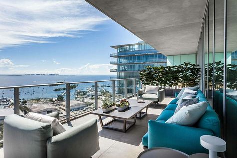 Groove at Grand Bay by Andrea Chicharo Earthy Materials, House Terrace, Mansion Rooms, Roof Terrace Design, Modern Miami, Balcony Design Ideas, Terrace Decor, Miami Houses, Cosy Room