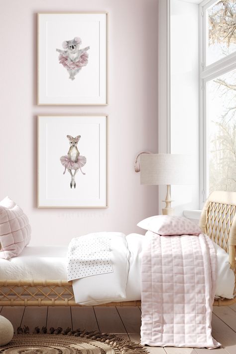 A set of print for a Ballerina bedroom for a baby girl or toddler featuring a koala and a kangaroo wearing a tutu. Ballerina Bedroom Ideas Kids, Ballerina Nursery Baby Girl, Ballerina Bedroom Ideas, Koala Bedroom, Toddler Ballerina, Bedroom Ideas Kids, Ballerina Animals, Ballerina Bedroom, Ballet Room