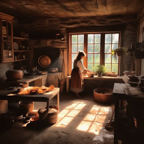 Acotar Animation, Medieval Cottage Interior, Fantasy Cottage Interior, 1800s Kitchen, Medieval Cottage, Fantasy Cottage, Amazing Food Decoration, Cottage Aesthetic, Medieval Houses