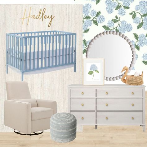 Hydrangea Themed Nursery, Gray Crib White Dresser Nursery, Hydrangea Nursery Decor, Hydrangea Baby Nursery, Baby Girl Nursery Pink And Blue, Light Blue And Green Nursery, Blue Flower Nursery, Light Blue Baby Girl Nursery, Blue Floral Nursery Girl