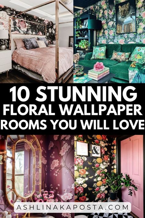 10 rooms with floral wallpaper that will knock your socks off — ASHLINA KAPOSTA Fun Floral Wallpaper Bathroom, Bold Floral Peel And Stick Wallpaper, Best Floral Wallpaper, Bathroom Floral Wallpaper Ideas, Large Room Wallpaper, Flower Wall Above Bed, Floral Wallpaper Accent Wall Bedroom, Art Deco Floral Wallpaper, Bedroom Accent Wallpaper Ideas