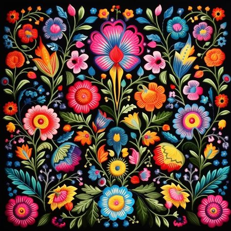 Painted Mexican Flowers, Mexican Floral Embroidery, Mexican Pattern Art, Mexico Folk Art, Mexican Flower Pattern, Mexican Fabric Pattern, Mexican Folklore Art, Mexican Flower Painting, Mexican Flower Art