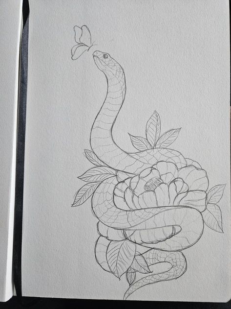 Garden Snake Drawing, Snake And Flower Drawing, Strawberry Snake Drawing, Snake With Flowers Drawing, Snake Butterfly Drawing, Reptile Drawings Sketch, Snake Flower Drawing, Snake Aesthetic Drawing, Hognose Snake Drawing