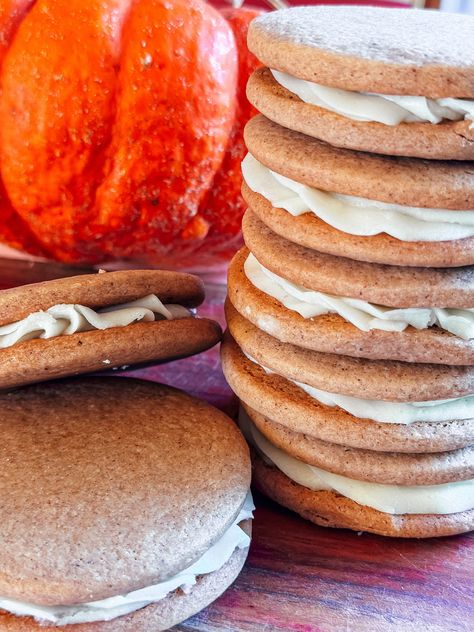 Pumpkin Spice Sandwich Cookies - Cheerful Baker Pumpkin Spice Cookie Sandwiches, Pumpkin Sandwich Cookies, Pumpkin Sandwich, Cookie Sandwich Recipes, Cookie Sandwiches, Pumpkin Spice Cookies, Fall Cookies, Sandwich Cookies, Cookie Monster