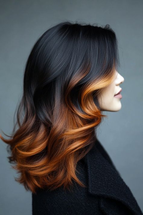 Two-tone hair colors provide brunettes with a creative way to express their look, especially when working with shorter cuts. Warm highlights in shades like caramel or honey create contrast, while cool tones such as silver or pastel hues give an edgy twist. Dip-dye, where the ends are tinted with bold color, or balayage that blends seamlessly, are popular options. This technique adds both dimension and a refreshed appearance, perfect for anyone seeking a new style. Color Blocking Hair Underneath, Fall Hair Dye Ideas For Blondes, Unique Black Hair Color, Black To Auburn Ombre, Alternative Brunette Hair, Copper Dip Dye Hair, Dark Hair Color Inspiration, Copper Teal Hair, Copper Color Blocking Hair