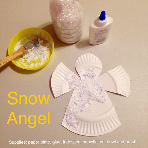 "Snow Angel" kid art craft made from paper plate, glue, and iridescent snowflakes. Note: mix the snowflakes in The glue, otherwise the snowflakes stick to everything since they are static. Angel Activities For Preschoolers, Angel Toddler Craft, Snow Angel Craft, Preschool Angel Crafts Simple, Preschool Angel Crafts, Angel Crafts For Toddlers, Angel Preschool Craft, Snow Crafts For Toddlers, Angel Crafts For Kids