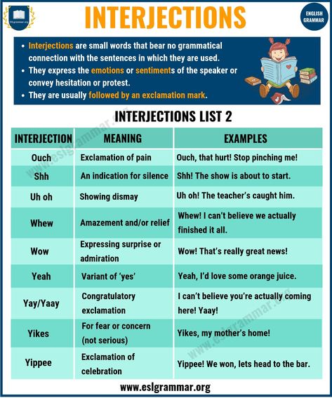 Interjection | Definition, List of Interjections & Examples - ESL Grammar Interjections Anchor Chart, Kinds Of Sentences, Esl Grammar, English Transition Words, Teaching English Grammar, Reading Anchor Charts, English Learning Spoken, Conversational English, Phrasal Verbs