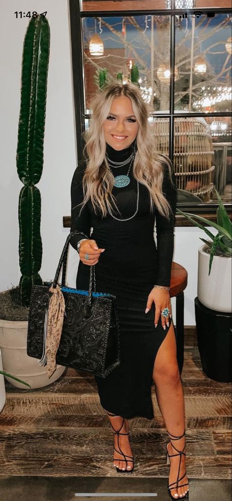 December Wedding Guest Dress Western, Dress And Cowboy Boots Outfit Fall, Vegas Nfr Outfit Ideas 2024, Pencil Skirt Western Outfit, Black On Black Western Outfit, Pregnant Nfr Outfit, Western Going Out Outfit Summer, Hawaiian Country Outfit, Western All Black Outfit