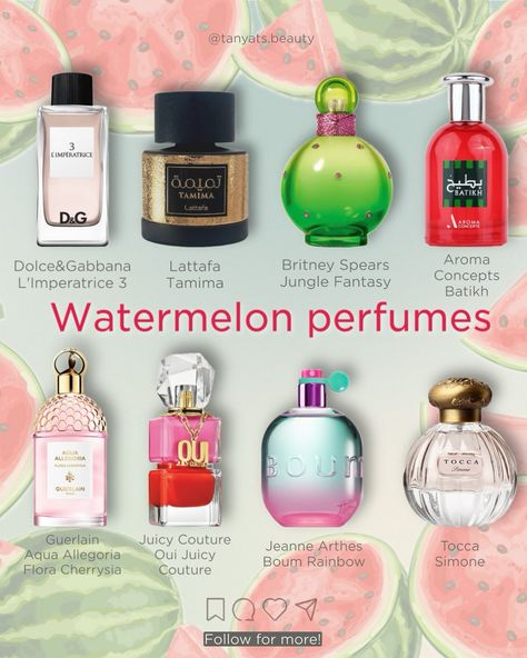 🍉 Watermelon perfumes for women 🍉 ▫️ Dolce&Gabbana L’Imperatrice 3 — probably the most popular watermelon perfume, and my personal favourite. Very uplifting, juicy and perfect for summer. ▫️ Lattafa Tamima — I feel like this affordable Arabian scent was heavily inspired by the previous one. ▫️ Britney Spears Jungle Fantasy — a fresh but shampoo-like scent with watermelon, water lily and yuzu. ▫️ Aroma Concepts Batikh — one of the most trending watermelon scents. It’s a very affordable... Perfume For Summer For Women, Watermelon Scented Products, Watermelon Perfume, Perfume Recommendation, Watermelon Fragrance, Britney Spears Perfume, Watermelon Scent, Fruit Perfumes, Fantasy Perfume