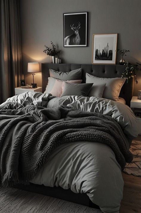 Black Grey Brown Blue Bedroom, Dark Gray Comforter Bedroom Ideas, Men’s Bedroom Inspiration, Warm Grey Bedroom Ideas, Grey Bed Aesthetic, Grey Cozy Bedroom, Grey And Wood Bedroom Ideas, Gray Black Bedroom, Gray Master Bedrooms Decor