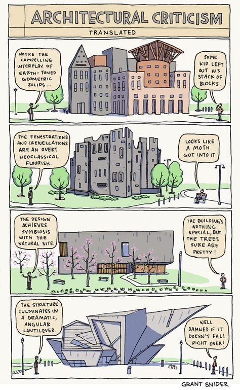 Cartoon Architect, Architect Humor, Architecture Jokes, Architecture Hacks, Architecture Comic, Architecture Cartoon, Grant Snider, Museum Architect, Architecture Memes