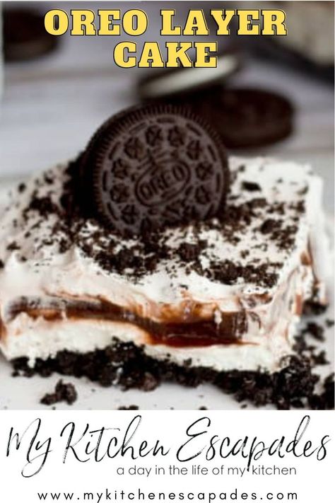 an image of Oreo Layer Cake Oreo Layer Cake, Crushed Oreos, Cheese Cookies, Cream Filling, Whipped Cream Cheese, Crumb Cake, Cookie Crust, Cheese Serving, Summer Dessert