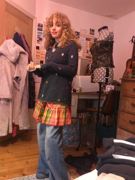 03/02/23 Mom Friend Outfits, Chaotic Outfits Aesthetic, Ruecore Outfit, Twee Astetic, 2000s Artsy Fashion, Tweecore Outfits, Jeans Under Skirt Outfit, 2010s Twee Aesthetic, 2010s Twee Fashion