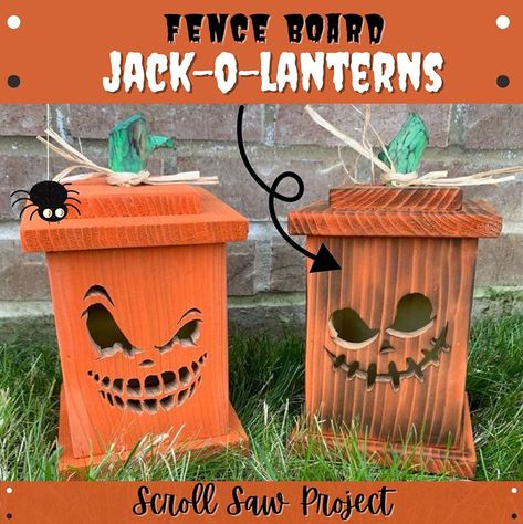 Easy Halloween project made from cedar fence boards, so they're super cheap to make, and they look great! These little wooden jack-o-lanterns will certainly delight and add some spooky decor to your house this Halloween. Fence Board Crafts, Jack O Lantern Diy, Picket Fence Crafts, Halloween Fence, Cedar Fence Boards, Wood Art Diy, Fence Boards, Wooden Toys Plans, Diy Fence