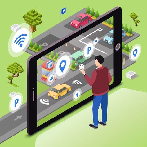 Smart parking. man user with smartphone ... | Free Vector #Freepik #freevector #car #technology #phone #man Smart Parking, Parking App, Cctv Security Systems, Gps Tracking System, Parking Solutions, Vehicle Tracking, Gps Tracking, Smart City, Tracking System