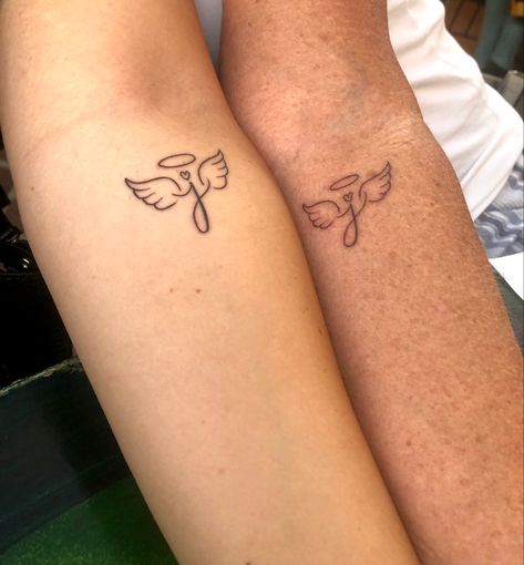 Angel Wings Matching Tattoo, J Angel Wing Tattoo, J With Angel Wings Tattoo, Angel Sibling Tattoo, Matching Angel Wing Tattoos, Small Tattoo Ideas Angel, Angel Finger Tattoo, Small Angel Tattoos For Women, Guardian Angel Tattoo For Women