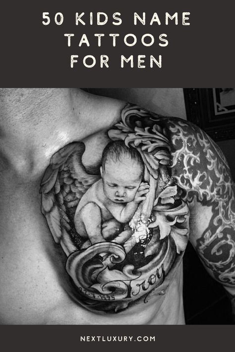 Nova Name Tattoo, Godchild Tattoo Ideas, Children Name Tattoo Ideas For Men Dads, Grandchildren Tattoos For Men, Sons Name Tattoo Ideas For Men, Child’s Name Tattoo, Child Name Tattoo Ideas For Men, Childrens Name Tattoos, Daughter Name Tattoo For Men