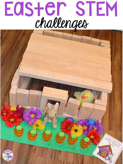 Easter STEM blocks center building challenges. Plus peeps 5 senses and taste test FREEBIE. For preschool, pre-k, and kindergarten. Easter Block Area Ideas, Easter Centers For Preschool, Easter Stem Activities For Preschool, Spring Block Center, Preschool Engineering, Prek Easter, Easter Stem Activities, Block Center Preschool, Blocks Center